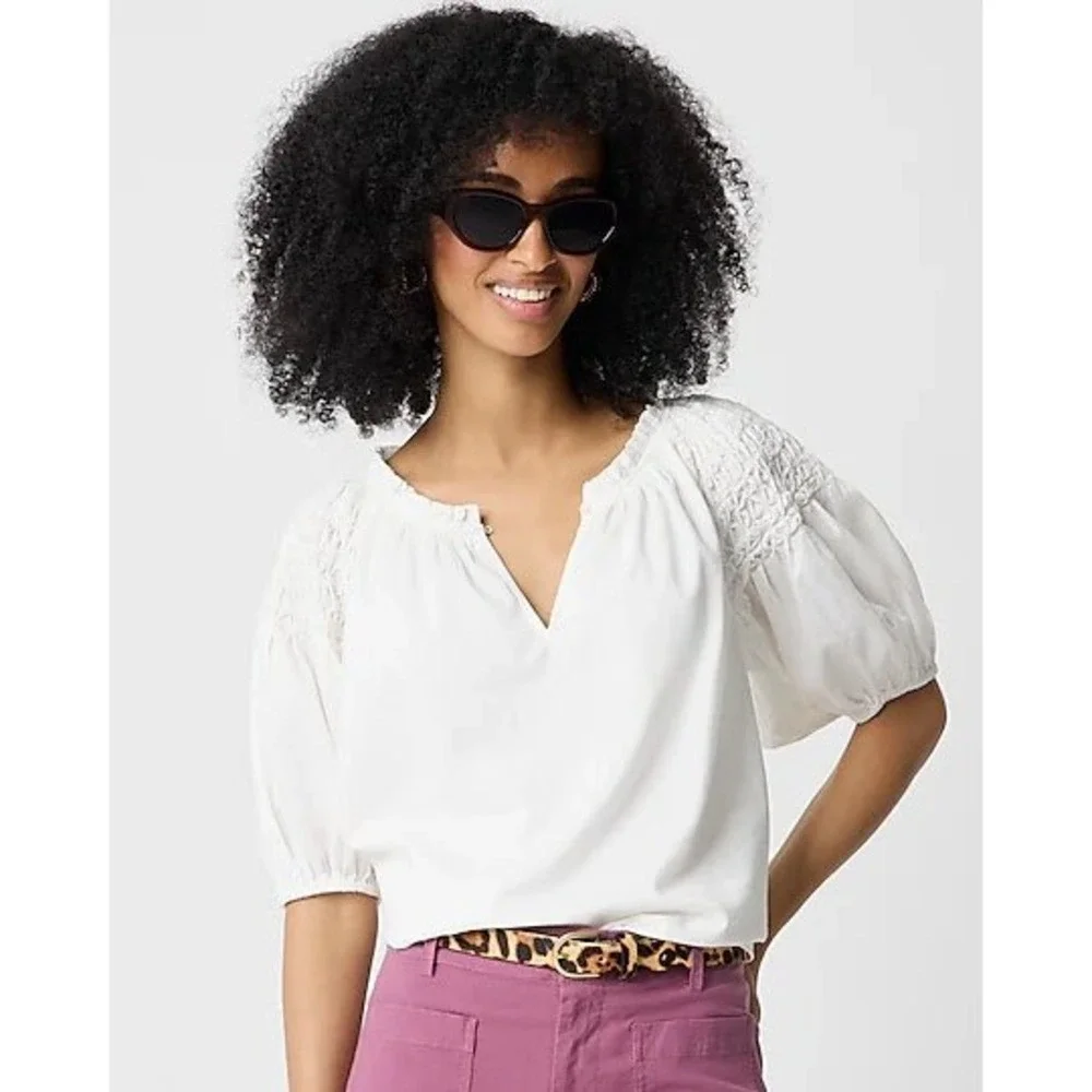 J Crew Ivory Smocked Puff-sleeve Split-neck Top Women's Size‎ Small NWT
